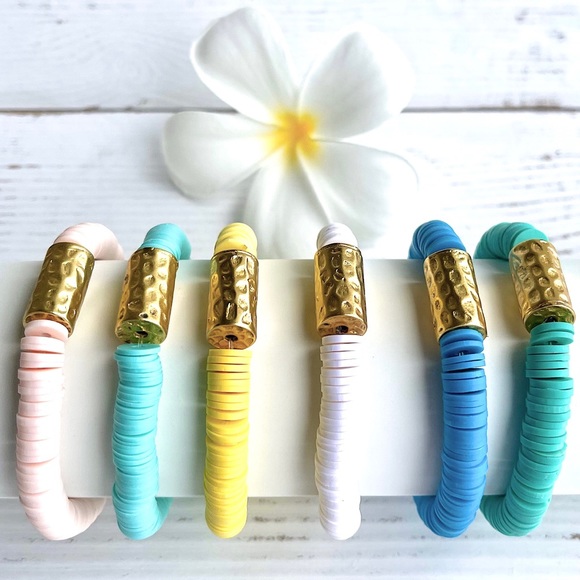 Heishi Bead Bracelet with Gold Tube Accent - Ocean Blue - Picture 4 of 4